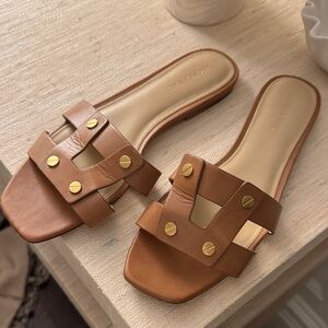 Veronica Beard Tan Slide Sandals with Gold Accents